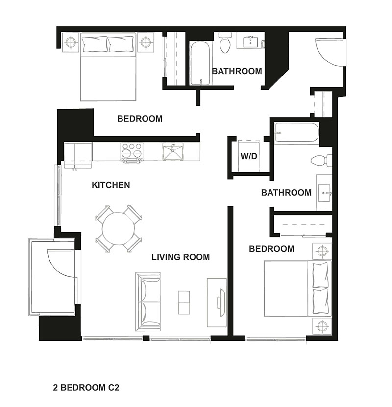 Two Bedroom Floor Plan at H16 Apartments